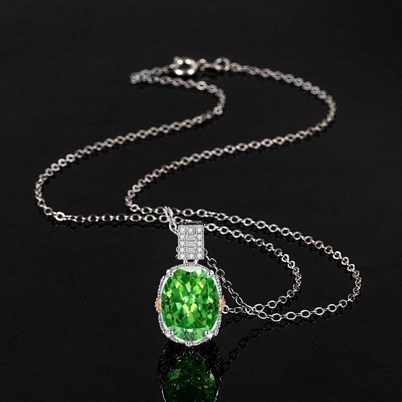 Multicolor Ice Flower Cut Oval CZ Pendant Necklace, Blue & Green 10*14mm 8A Cubic Zirconia, Two-Tone Pave CZ Halo with Pavé Top Frame