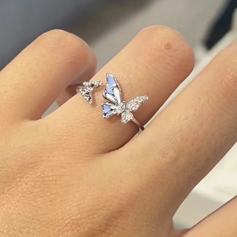 Blue Double Butterfly Open Ring For Women, New Vintage Luxury Delicate Fairy Style Adjustable Index Finger Band