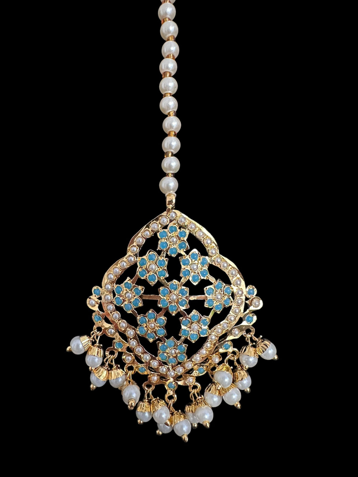 DJET91 Mehru Jadau chandbali earrings tika in turquoise/feroza pearls ( READY TO SHIP )