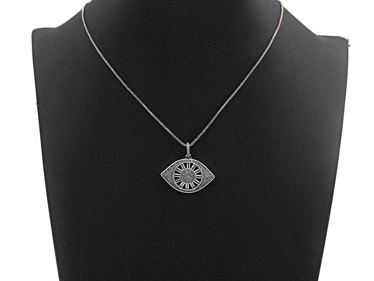 CZ Micro Pave Evil Eye Pendant, Antique Silver Tone, Clear Cubic Zirconia Big Pave Evil Eye Charm Pendant, 33x24sku#F981