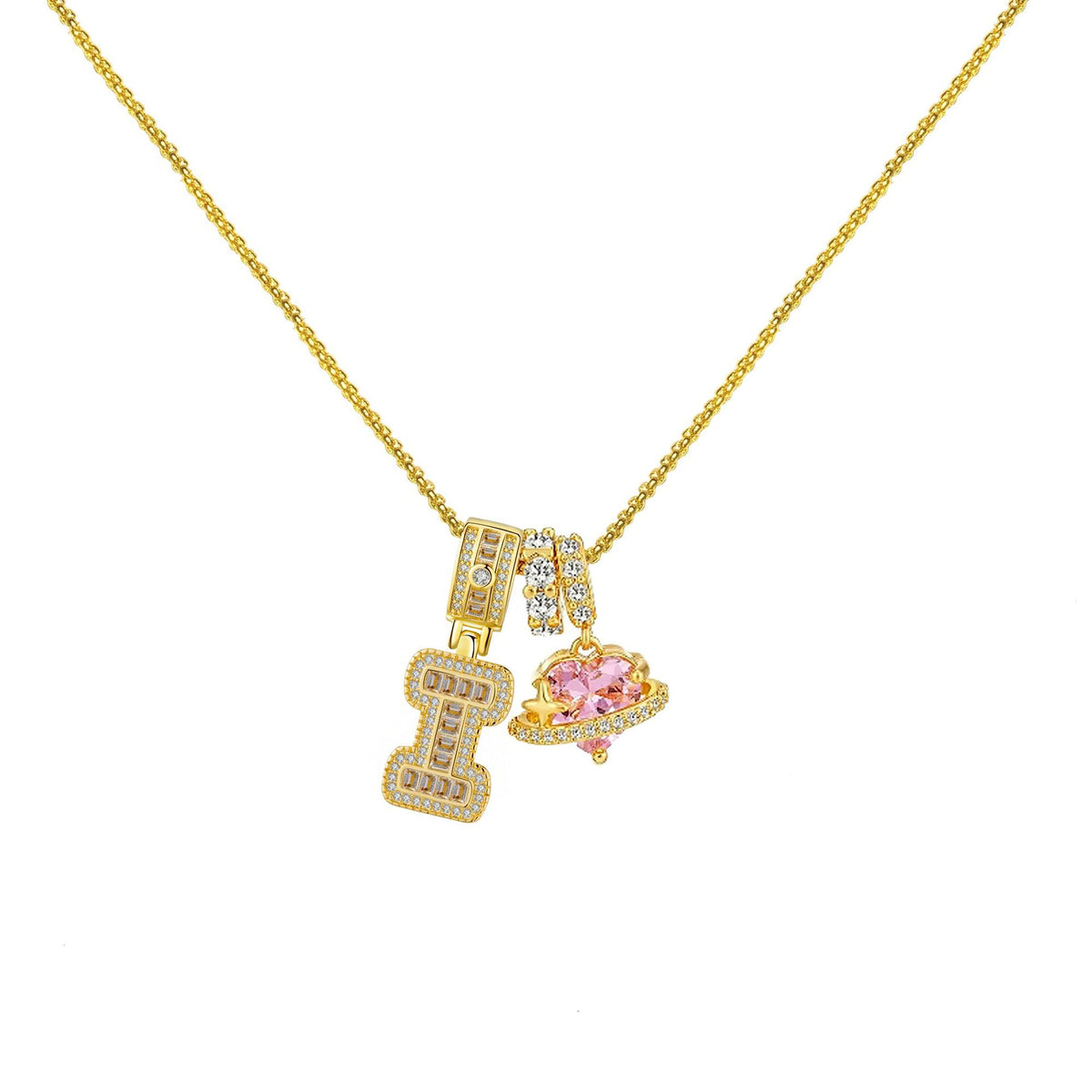 Gold-Plated Copper Planet Heart Pendant Necklace With Diamonds