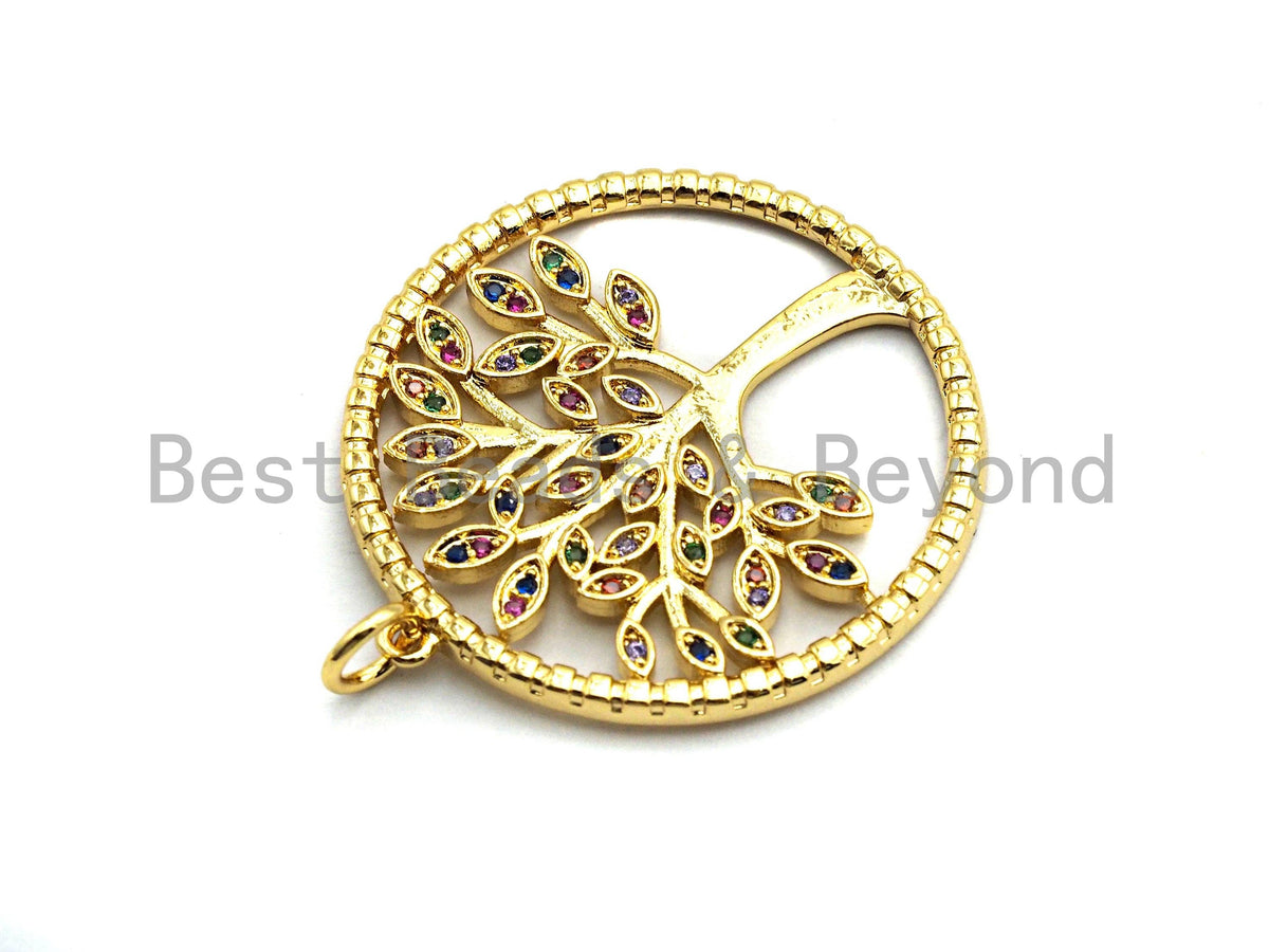 CZ Colorful Micro Pave Round  Gold Tree Pendant, Tree Shaped Pave Pendant, Gold plated, 28x30mm, sku#F819