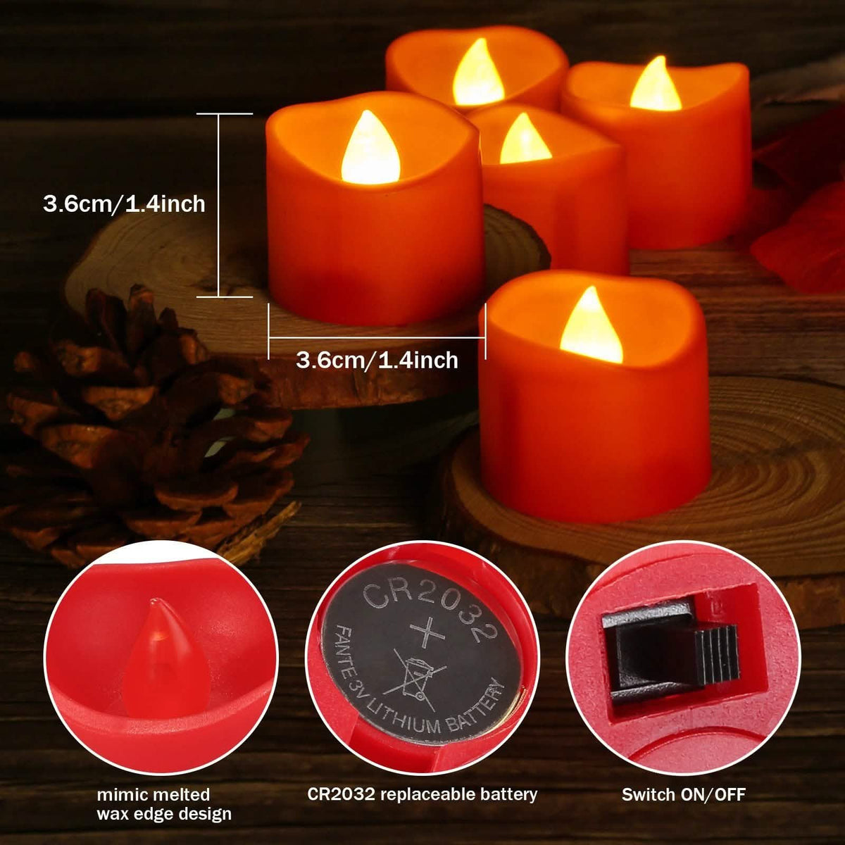 12-Pieces: Amber Yellow LED Tealight Flameless Candles with Timer