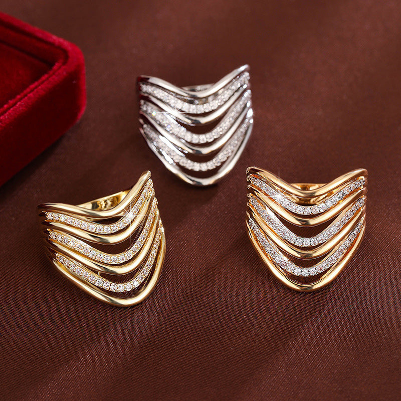Multi-layer Curved Micro-pave Cubic Zirconia Ring Fashionable Andive Design Perfect For Stacking