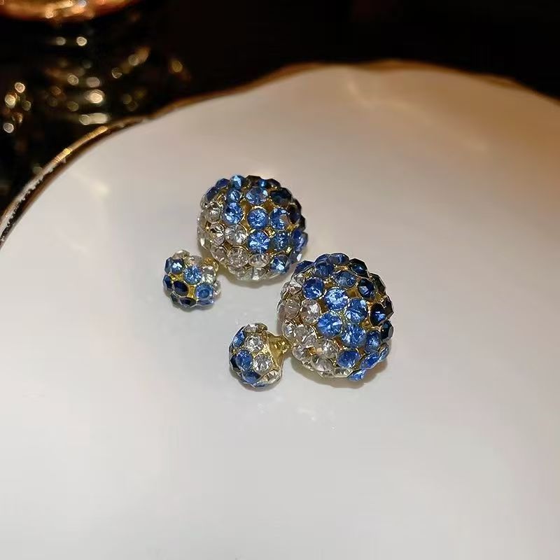 Silver Needle Diamond Round Earrings, Dual-Wear Front & Back, Korean Light Luxury Studs