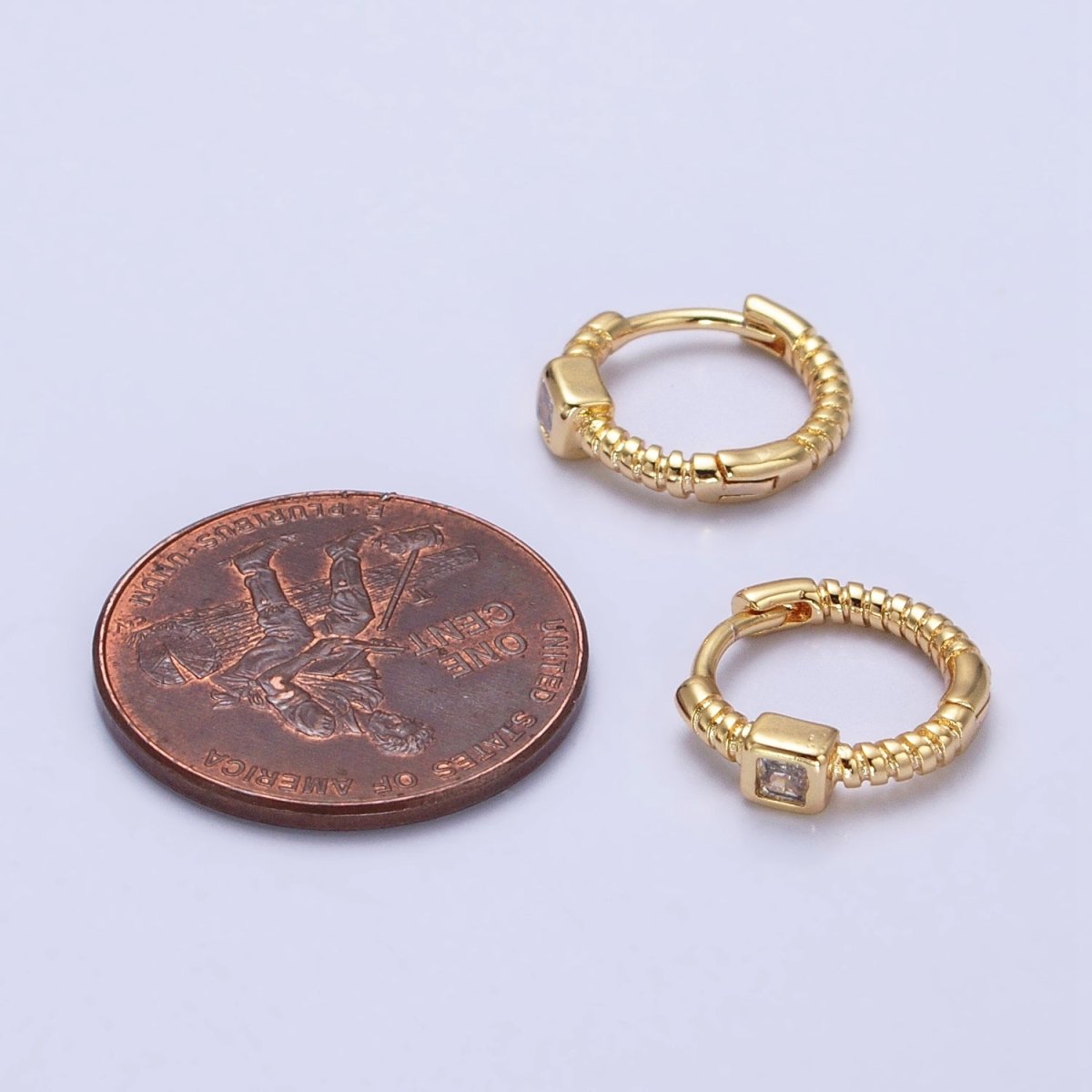 12.5mm Twisted Clear Square CZ Line Textured Huggie Earrings in Gold & Silver | AB410 AB411