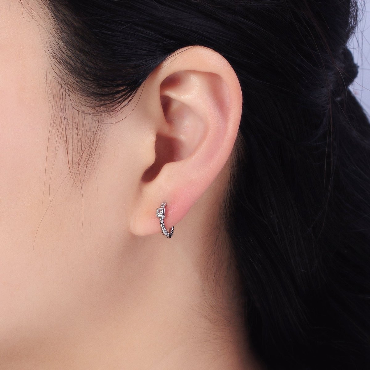 12.5mm Twisted Clear Square CZ Line Textured Huggie Earrings in Gold & Silver | AB410 AB411