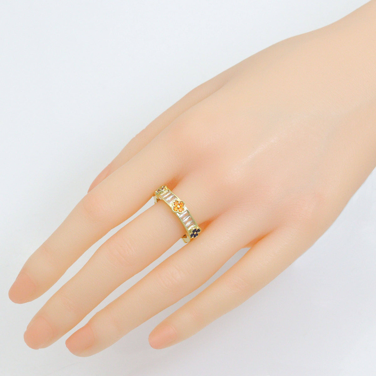 Baguette CZ Colorful Flower band Adjustable Ring, Sku#A491