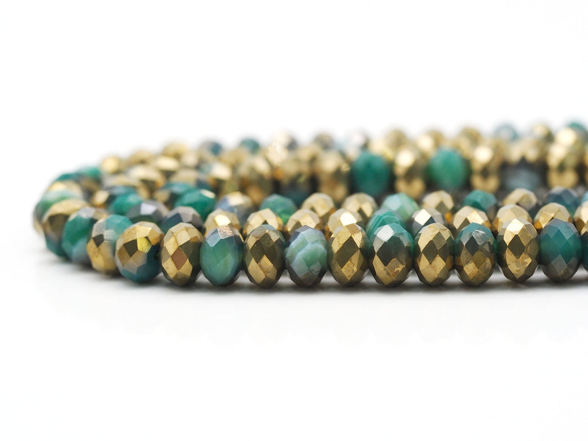 Half Gold Plated Natural Green Banded Agate Rondelle Faceted Beads, Sku#UA278