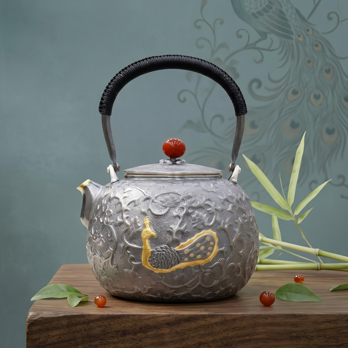 Pure 999 Fine Silver Ornate Handcrafted Silver Teapot Featuring Exquisite Peacock Relief and Crimson Gemstone Finial - Handicraft