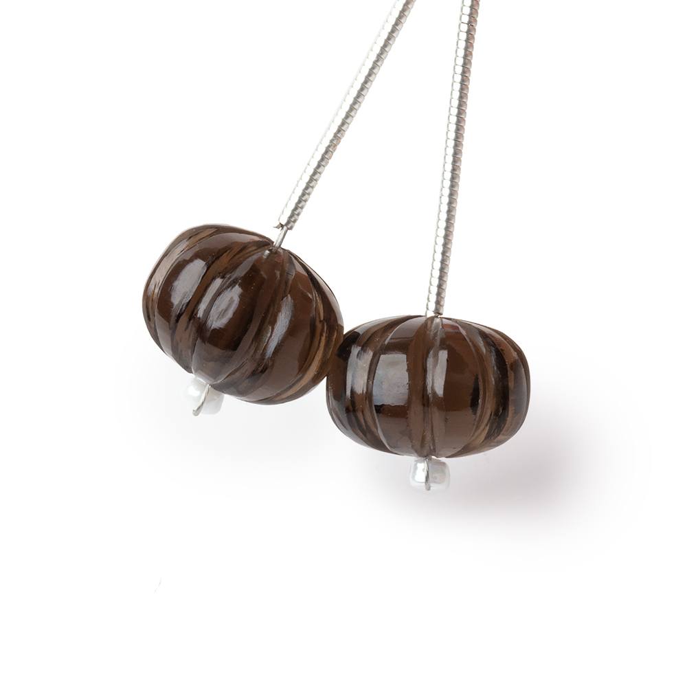 12mm Smoky Quartz Carved Melon Focals Set of 2 Beads