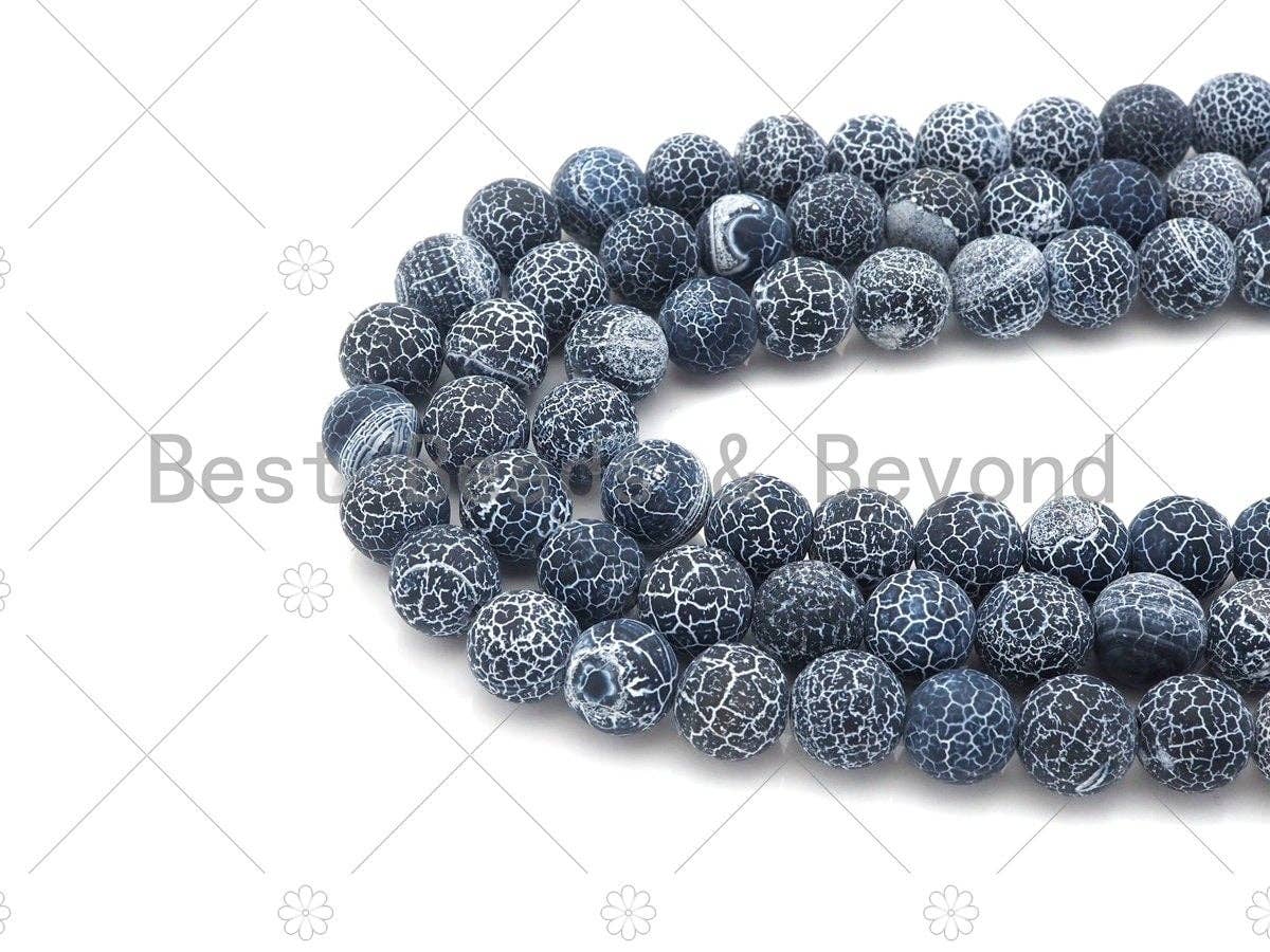 High Quality Natural Black Frosted Matte Fire Agate, Round 6mm/8mm/10mm/12mm Fire Agate, Black Cracked Agate, 15.5" Full Strand, sku#UA142
