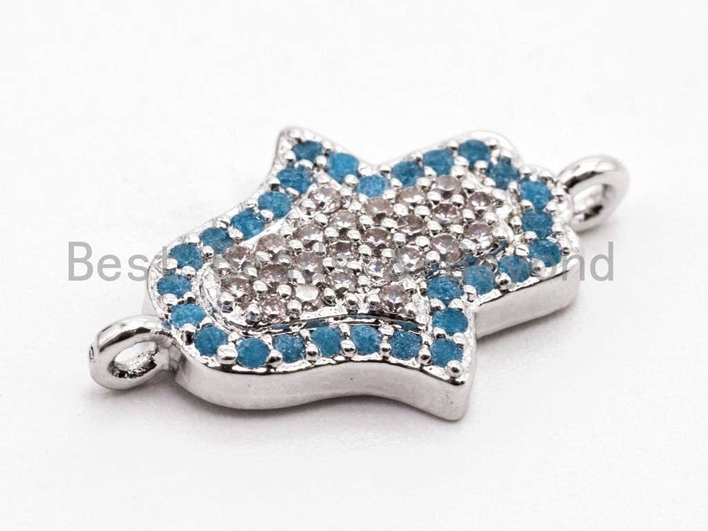 CZ Micro Pave Turquoise Clear CZ Hamsa Hand Connector, Cubic Zirconia Space Connector,11x18mm, sku#A59