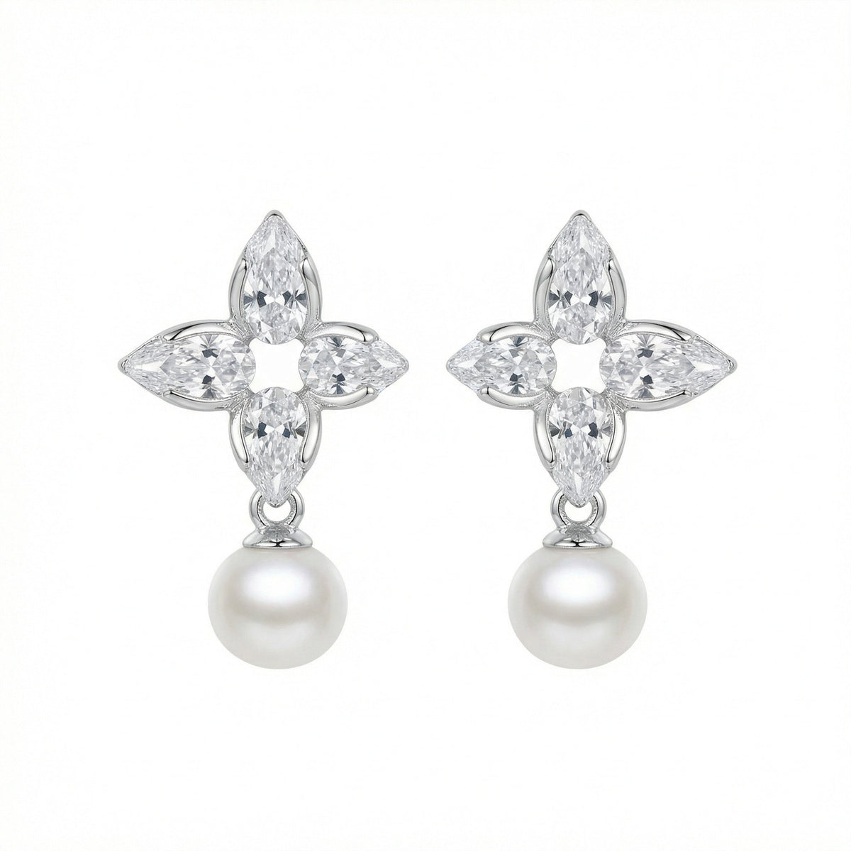 925 Sterling Silver Elegant Floral Marquise Cluster Pearl Drop Earrings