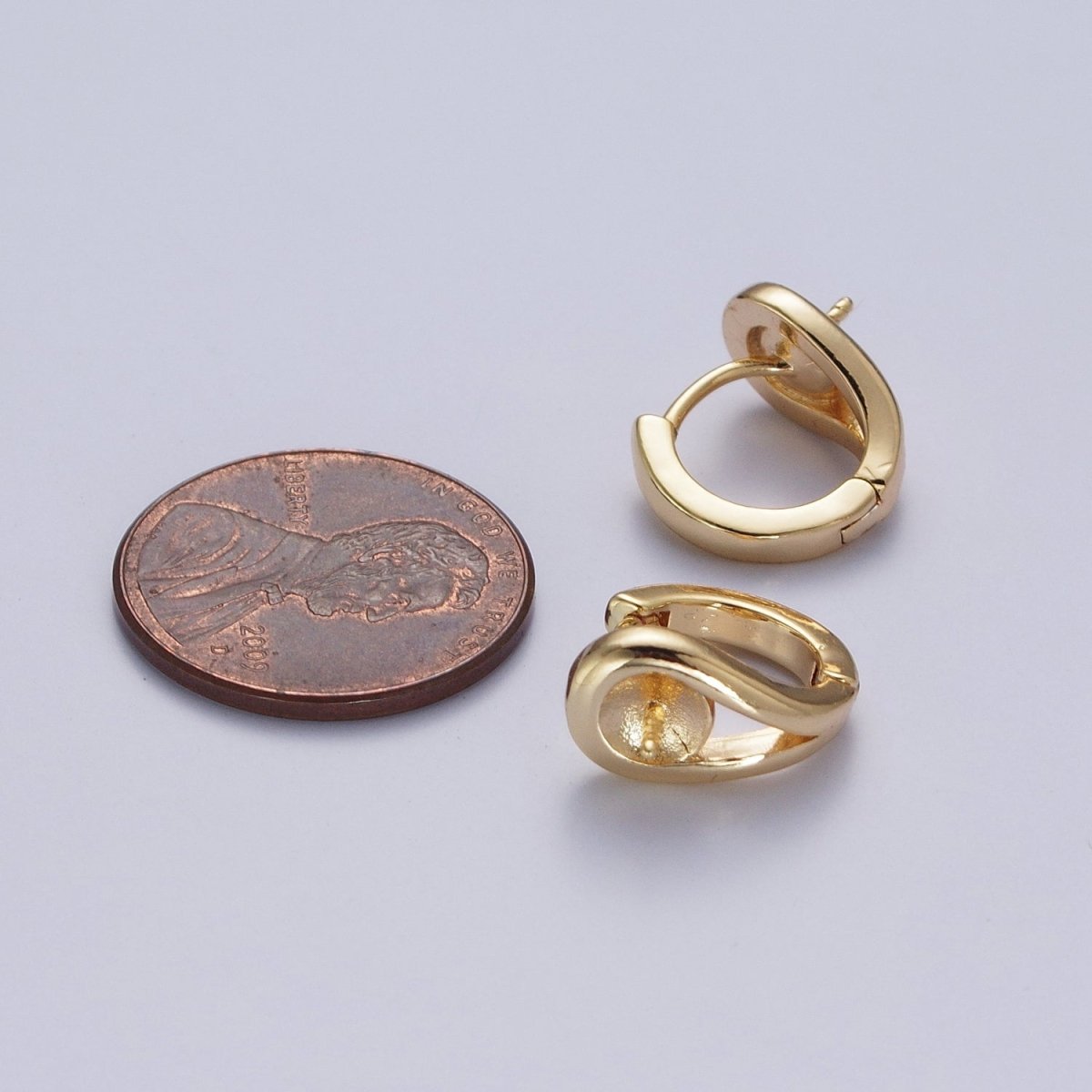 13mm Gold Huggie Hoops Earring with Half Drilled Pearl Bead Earring Making Findings  L-874