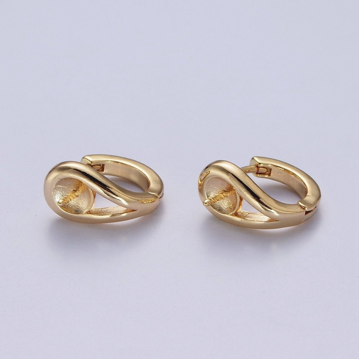 13mm Gold Huggie Hoops Earring with Half Drilled Pearl Bead Earring Making Findings  L-874
