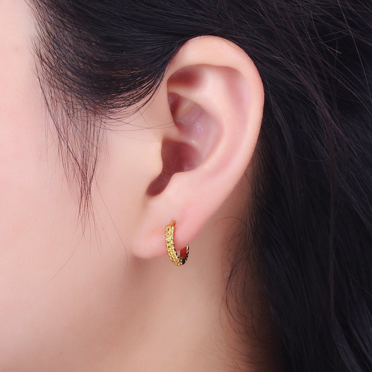 13mm Gold Textured Dotted Dainty Huggie Earrings | AB032
