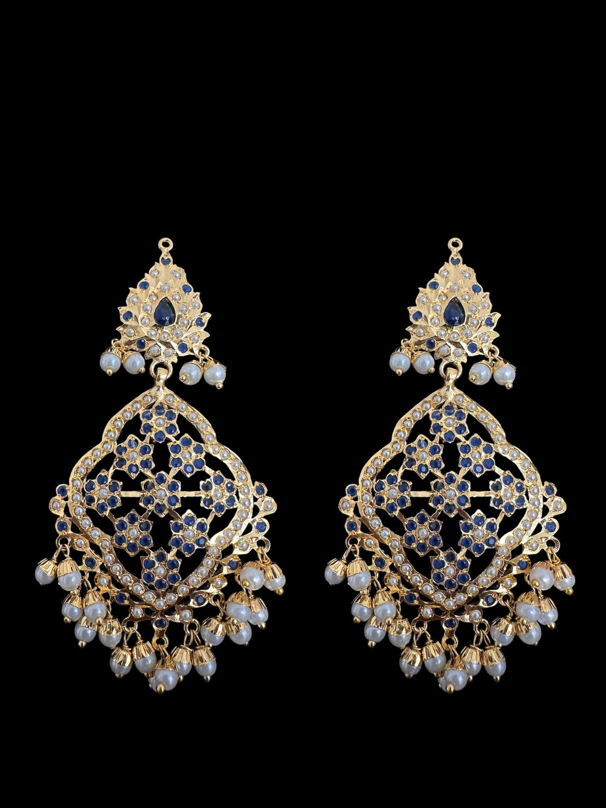 DJET89 Mehru Jadau chandbali earrings tika in sapphire pearls ( READY TO SHIP )