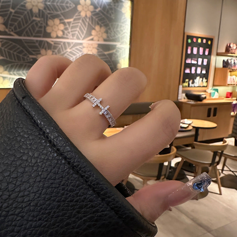 Elegant Light Luxury High-End Diamond Ring For Women, INS Versatile Open Index Finger Ring, Niche Simple Sparkling Zircon Band