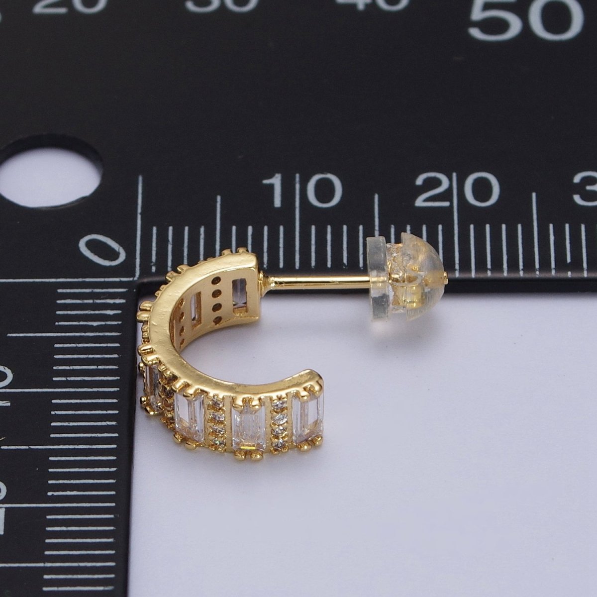 14.5mm Clear Baguette Micro Paved CZ Band C-Shaped Gold Stud Hoops Earrings | AB008