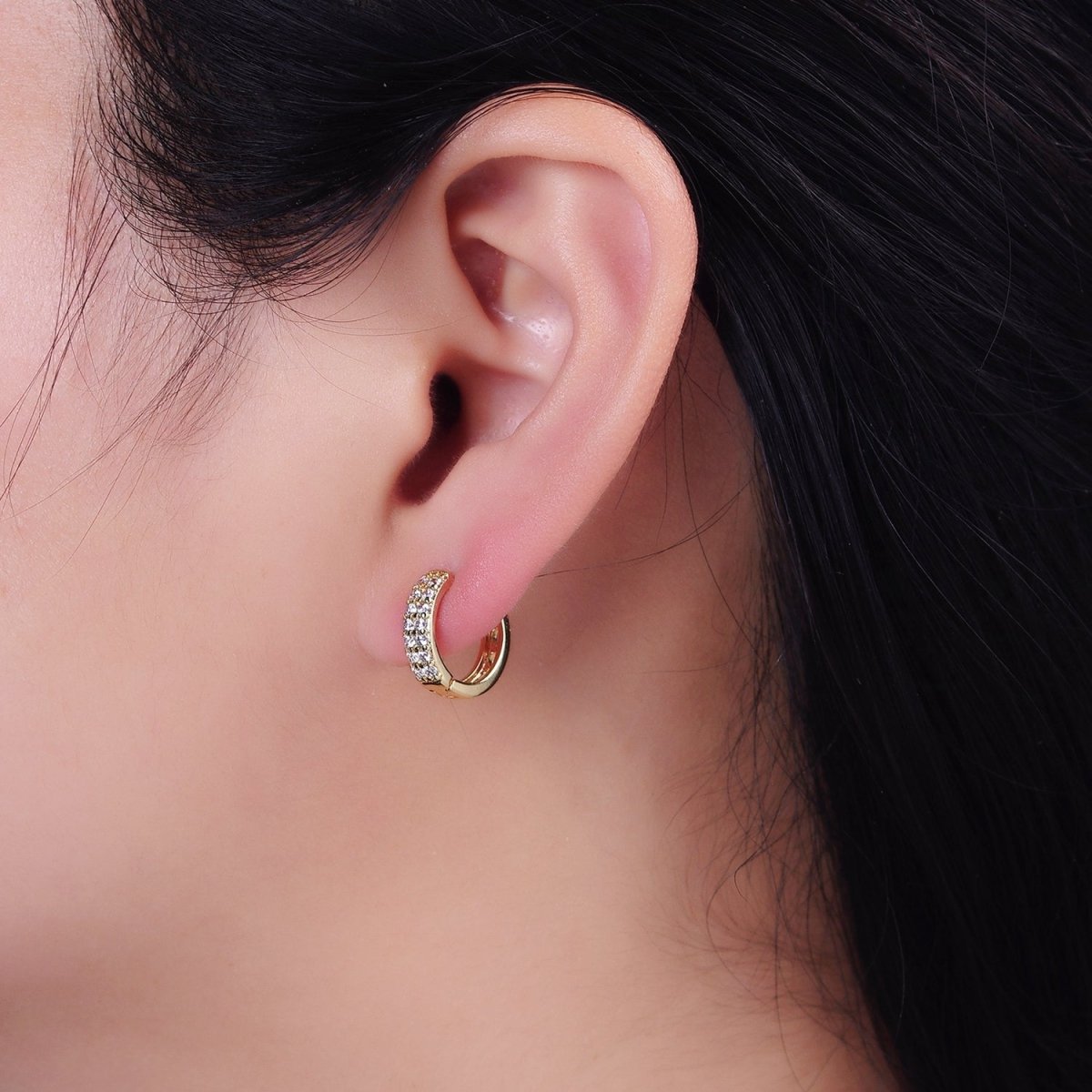 14K Gold Filled 13mm Clear Micro Paved Round Filigree Huggie Earrings | AE579