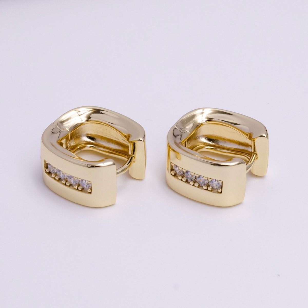 14K Gold Filled 15mm Clear CZ Lined Curve-Edged Wide Square Huggie Hoop Earrings | AD-459