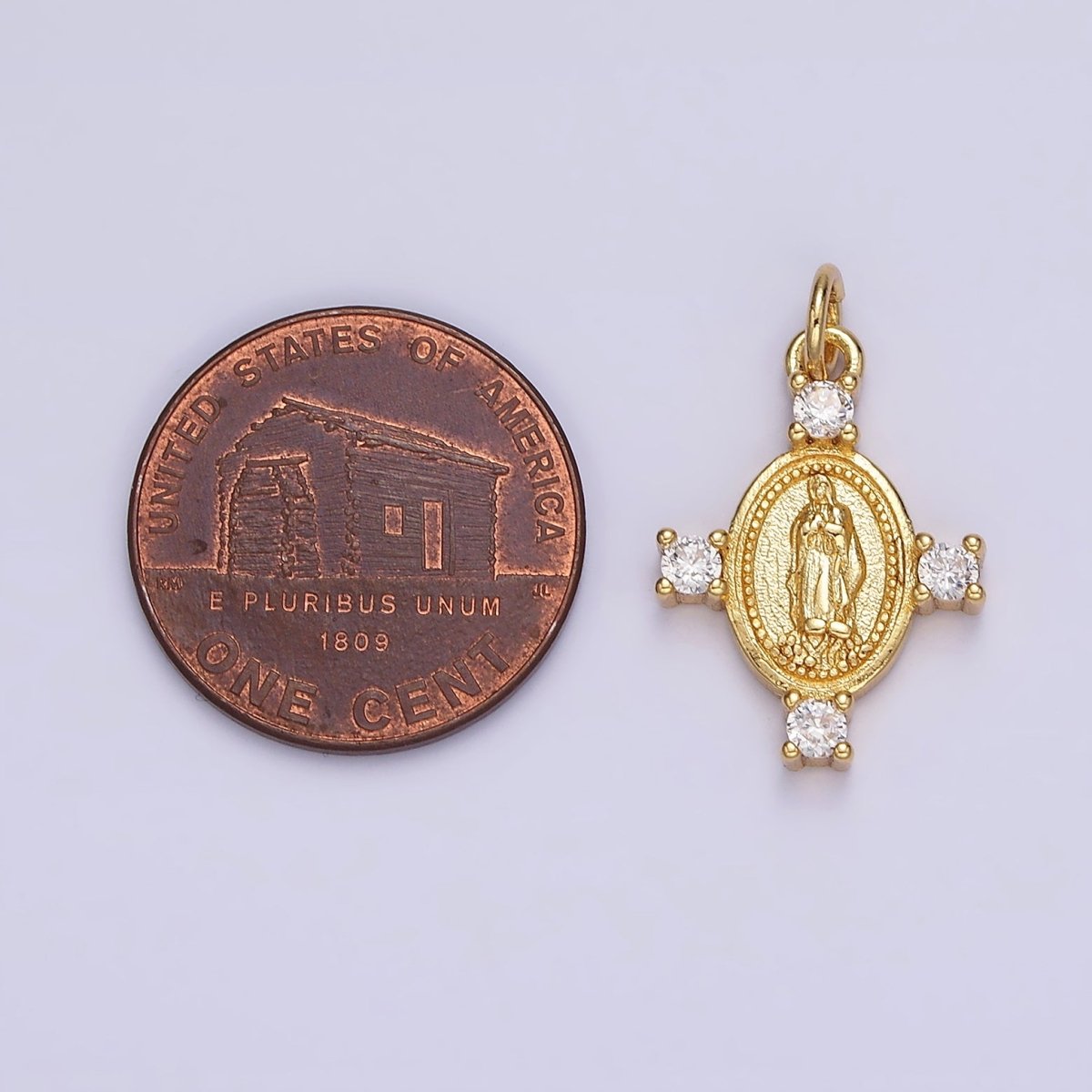 14K Gold Filled 22.5mm Mother Mary Lady Guadalupe Clear CZ Dotted Oval Charm | N-1036