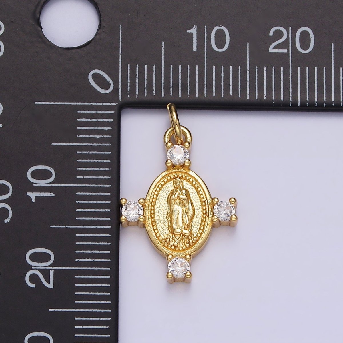 14K Gold Filled 22.5mm Mother Mary Lady Guadalupe Clear CZ Dotted Oval Charm | N-1036