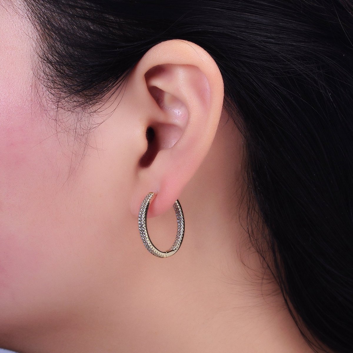 14K Gold Filled 23mm Micro Paved CZ Front-Facing Endless Hoop Huggie Earrings | AD1375