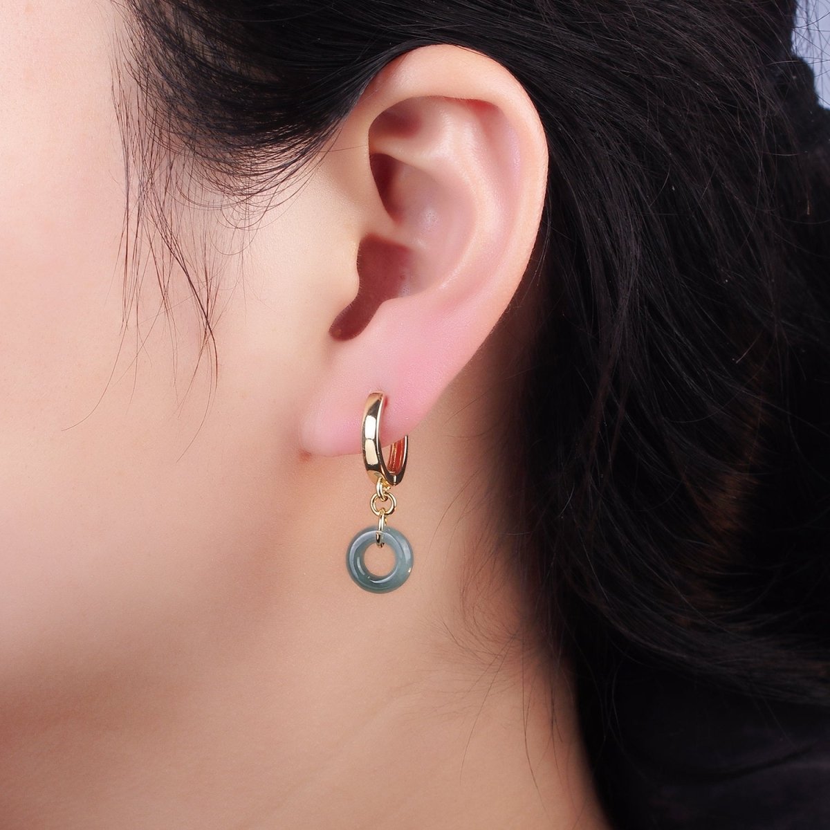 14K Gold Filled 30mm Green Jade Donut Huggie Drop Earrings | AE516