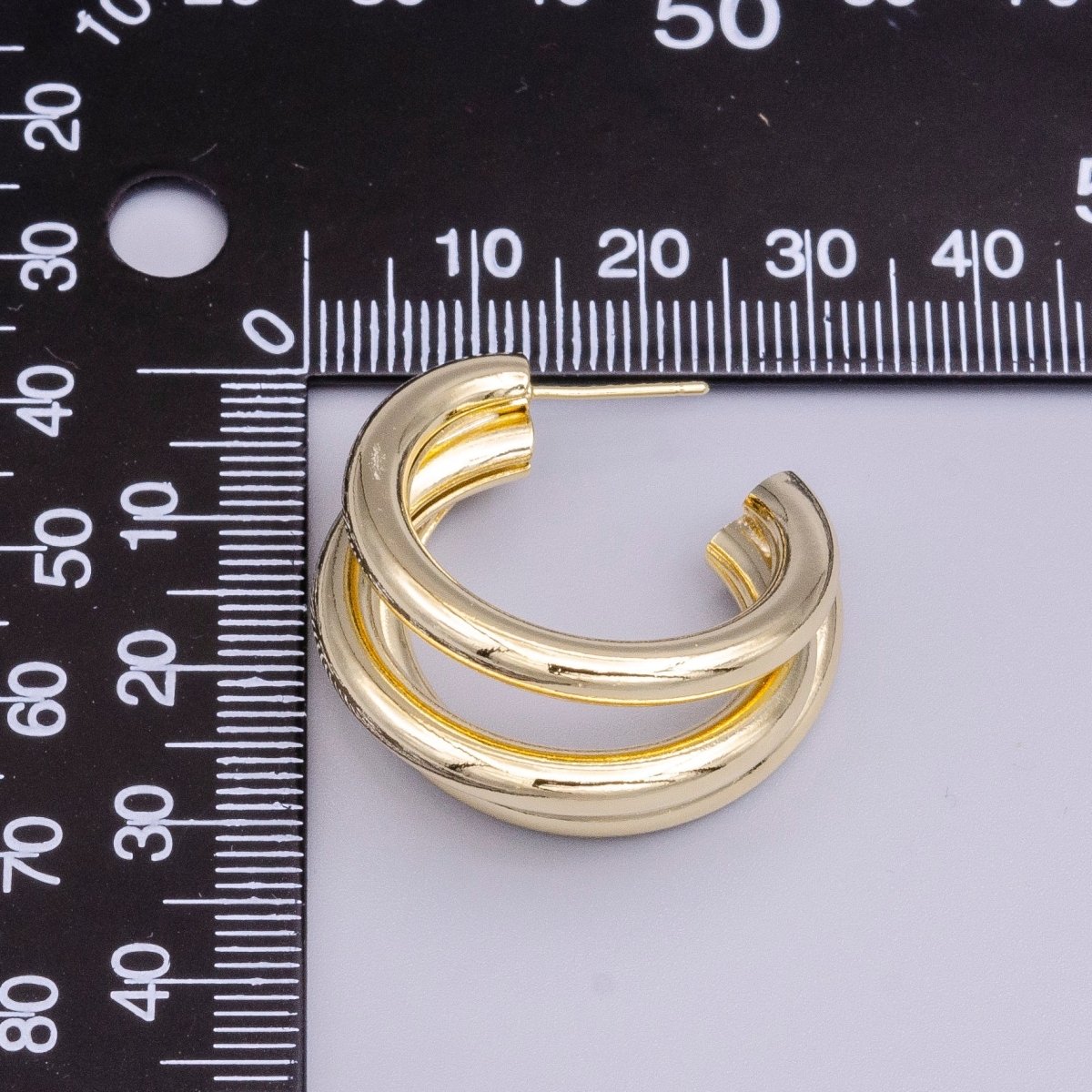 14K Gold Filled 30mm Triple Band Bar C-Shaped Geometric Hoop Earrings | AE069