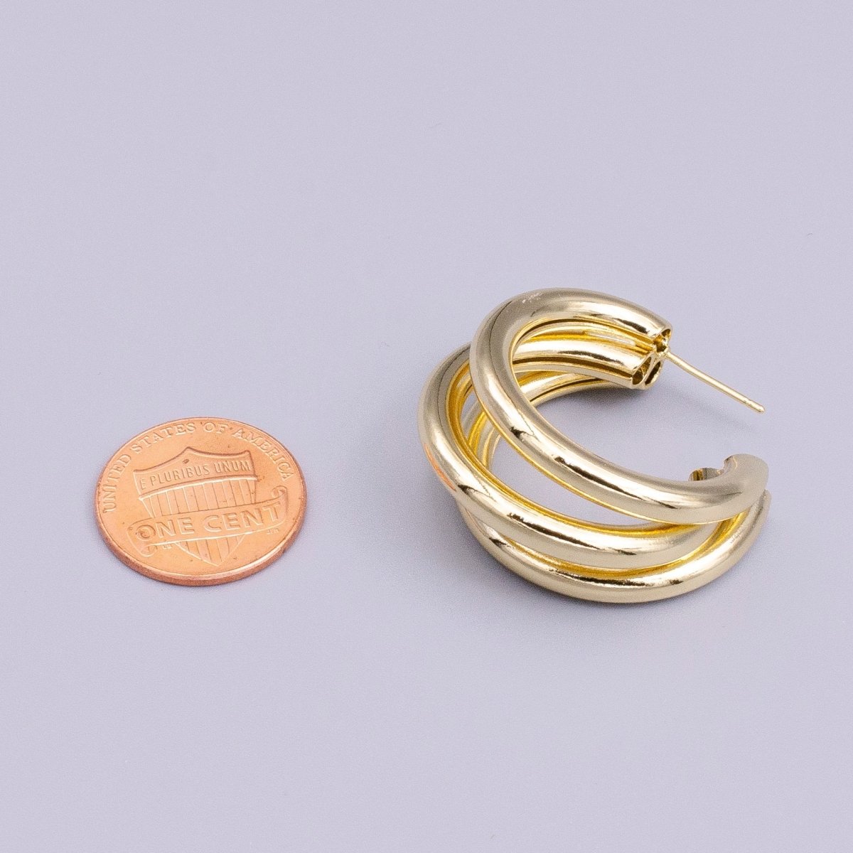14K Gold Filled 30mm Triple Band Bar C-Shaped Geometric Hoop Earrings | AE069