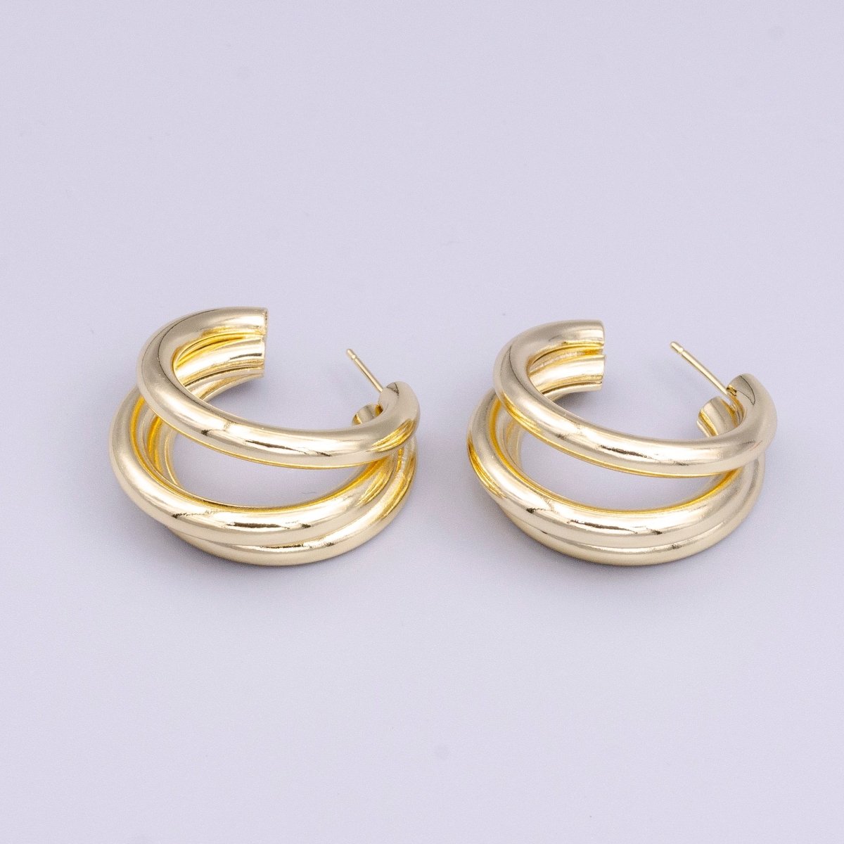 14K Gold Filled 30mm Triple Band Bar C-Shaped Geometric Hoop Earrings | AE069