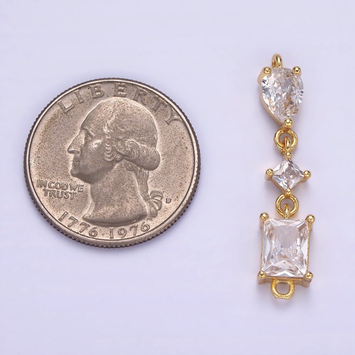 14K Gold Filled 35mm Clear CZ Teardrop Rhombus Baguette Connector | G270