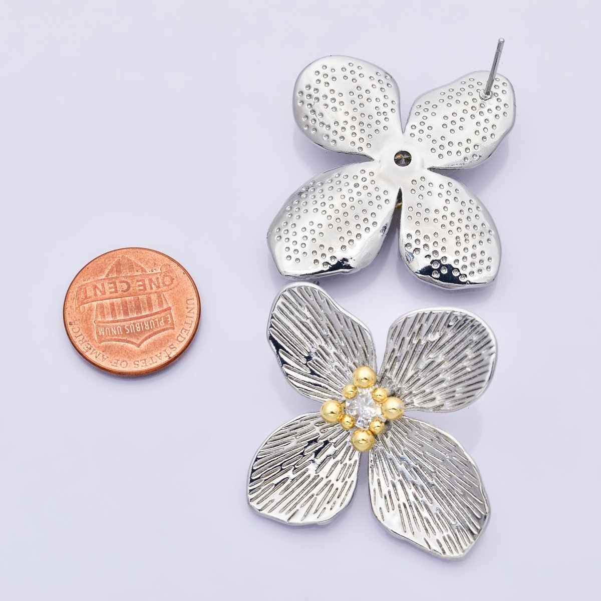 14K Gold Filled 40mm Clear CZ Line-Textured Flower Stud Earrings in Gold & Mixed Metal | P-507 P-504