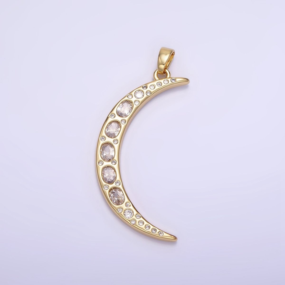 14K Gold Filled 40mm Clear CZ Oval Dotted Celestial Crescent Moon Pendant | AH147