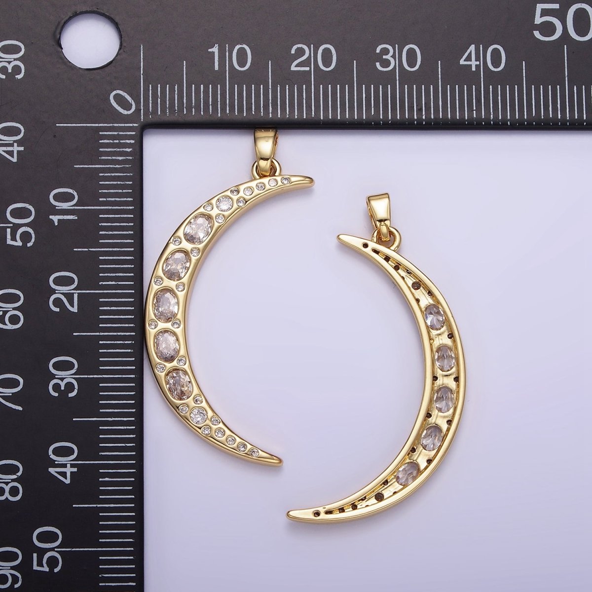 14K Gold Filled 40mm Clear CZ Oval Dotted Celestial Crescent Moon Pendant | AH147