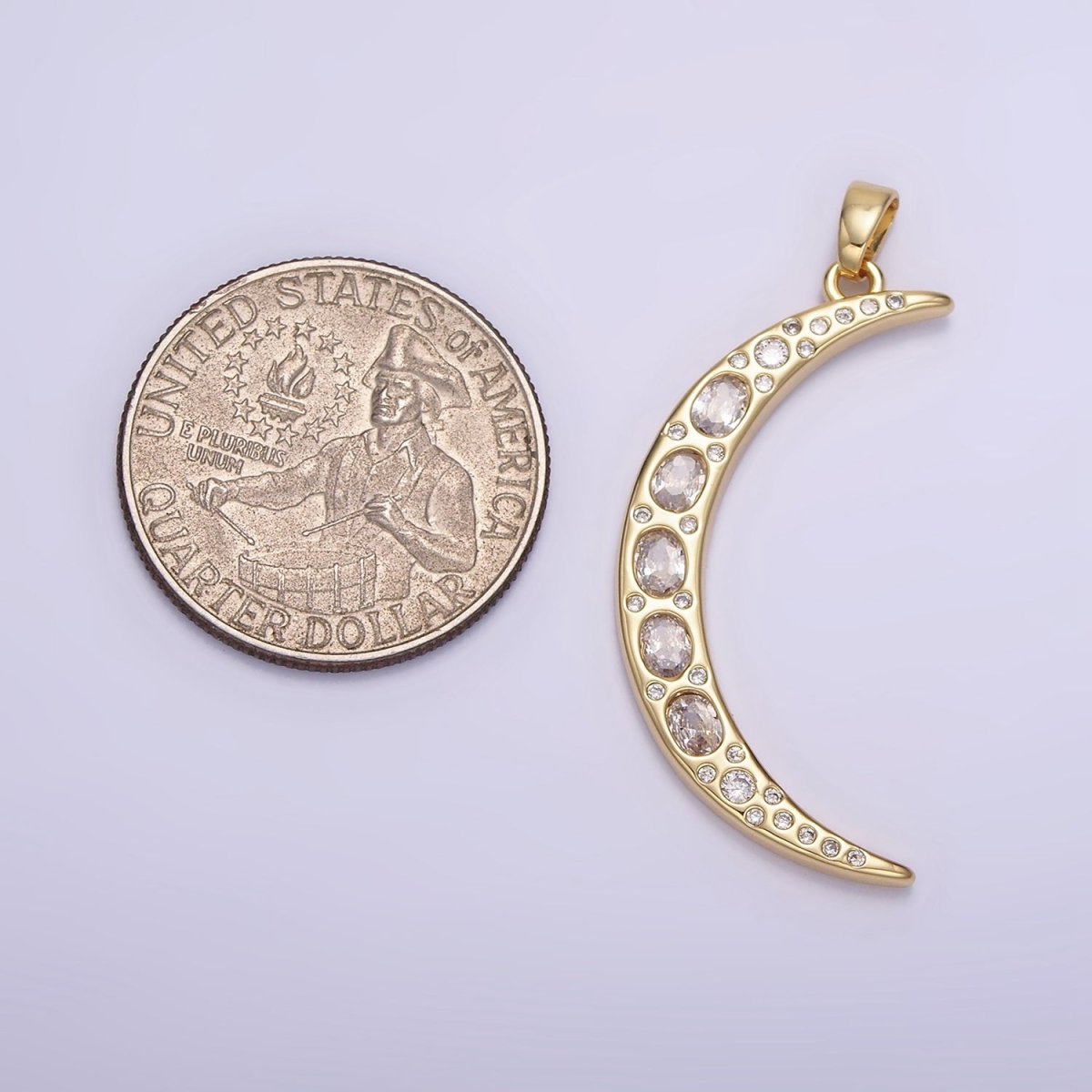 14K Gold Filled 40mm Clear CZ Oval Dotted Celestial Crescent Moon Pendant | AH147