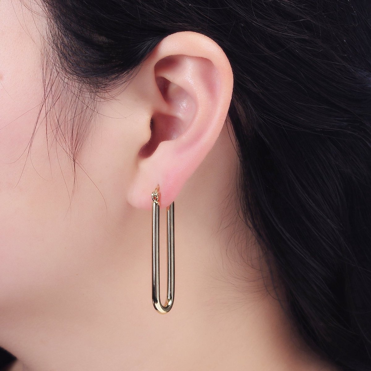 14K Gold Filled 45mm Thin U-Shaped Oblong Latch Earrings | AD-416