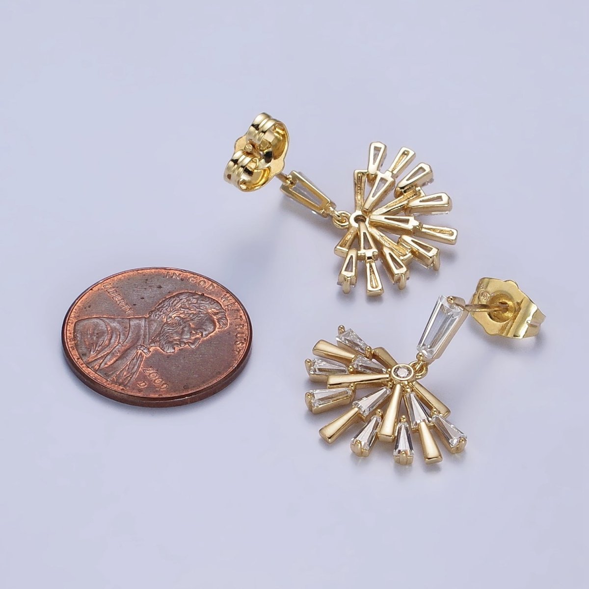 14K Gold Filled Baguette Fan Drop Dangle Clear Stud Earrings | AB334