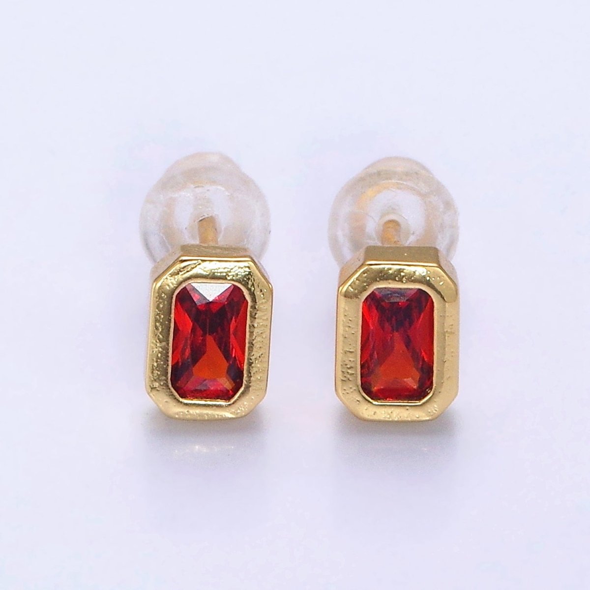 14K Gold Filled Blue, Clear, Fuchsia, Red, Pink Multifaceted Baguette CZ Bezel Stud Earrings | AD-448~AD-452