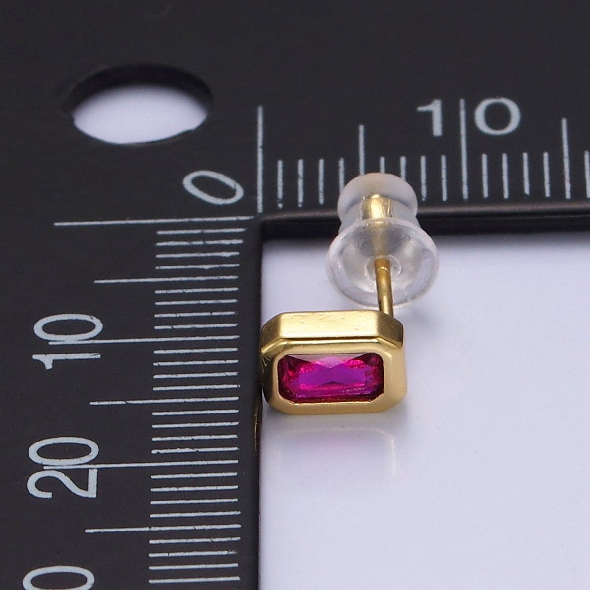 14K Gold Filled Blue, Clear, Fuchsia, Red, Pink Multifaceted Baguette CZ Bezel Stud Earrings | AD-448~AD-452