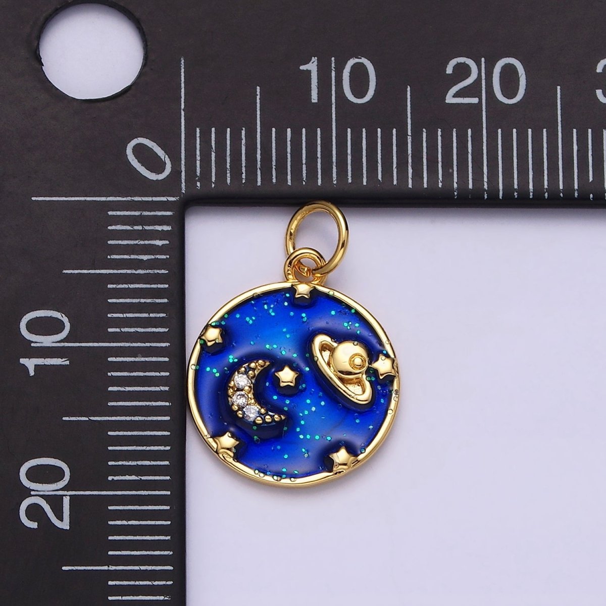 14K Gold Filled Blue, Multicolor Pastel Enamel Galaxy Celestial Planet Stars Round Charm | AC1412 AC1413
