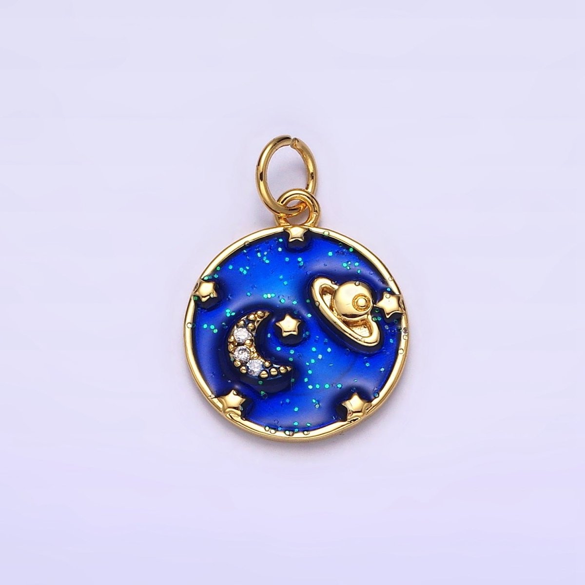 14K Gold Filled Blue, Multicolor Pastel Enamel Galaxy Celestial Planet Stars Round Charm | AC1412 AC1413