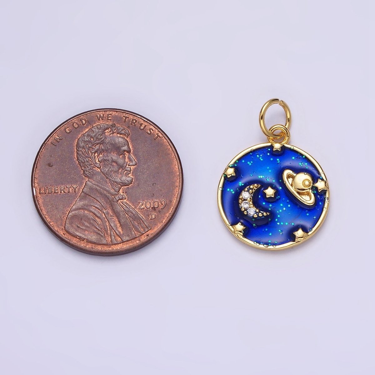 14K Gold Filled Blue, Multicolor Pastel Enamel Galaxy Celestial Planet Stars Round Charm | AC1412 AC1413