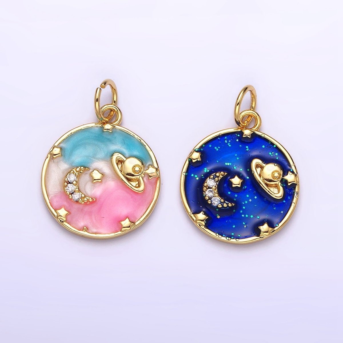 14K Gold Filled Blue, Multicolor Pastel Enamel Galaxy Celestial Planet Stars Round Charm | AC1412 AC1413