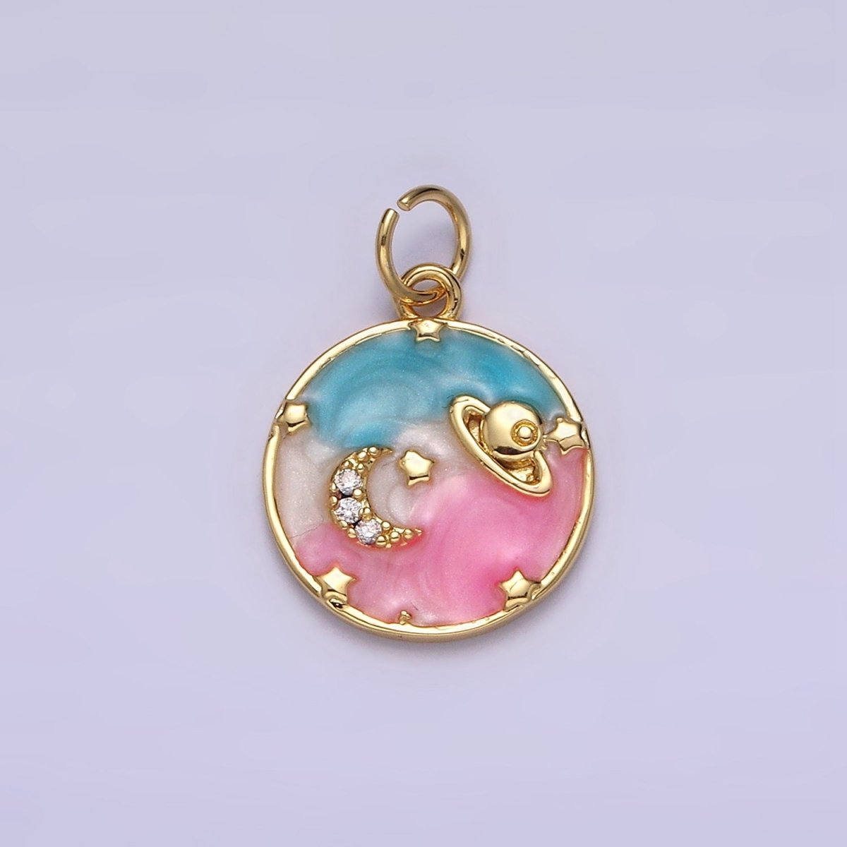 14K Gold Filled Blue, Multicolor Pastel Enamel Galaxy Celestial Planet Stars Round Charm | AC1412 AC1413