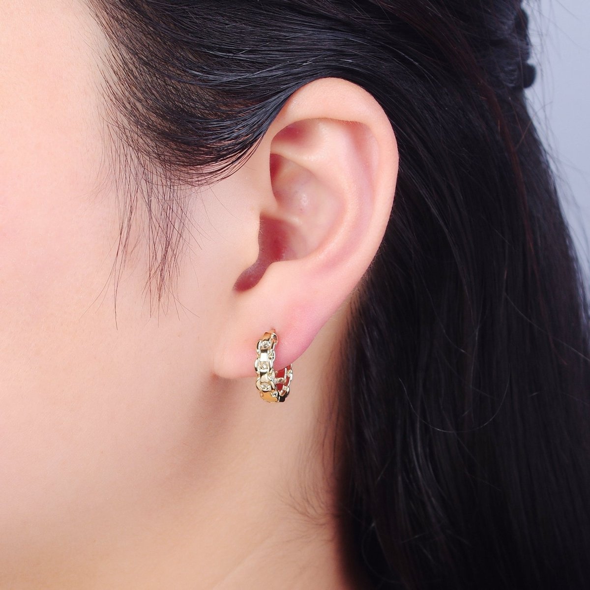 14K Gold Filled Braided Rolo Chain Link Huggie Hoop Earrings P-377