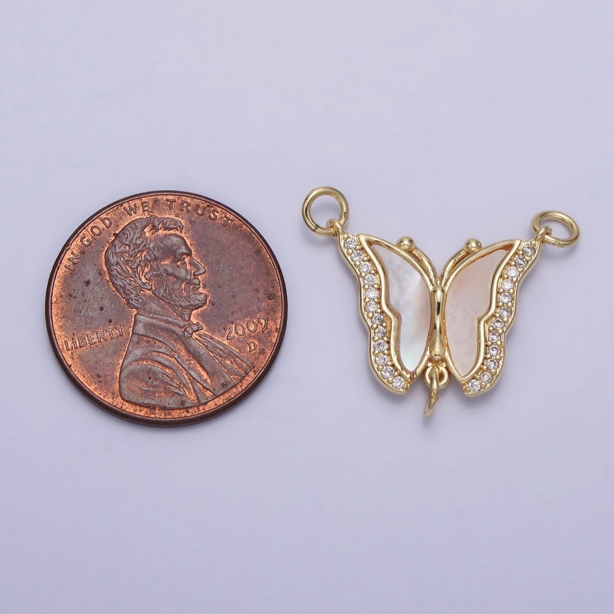 14K Gold Filled Butterfly Mariposa Shell Pearl Micro Paved Triple Loop Connector | Y-878