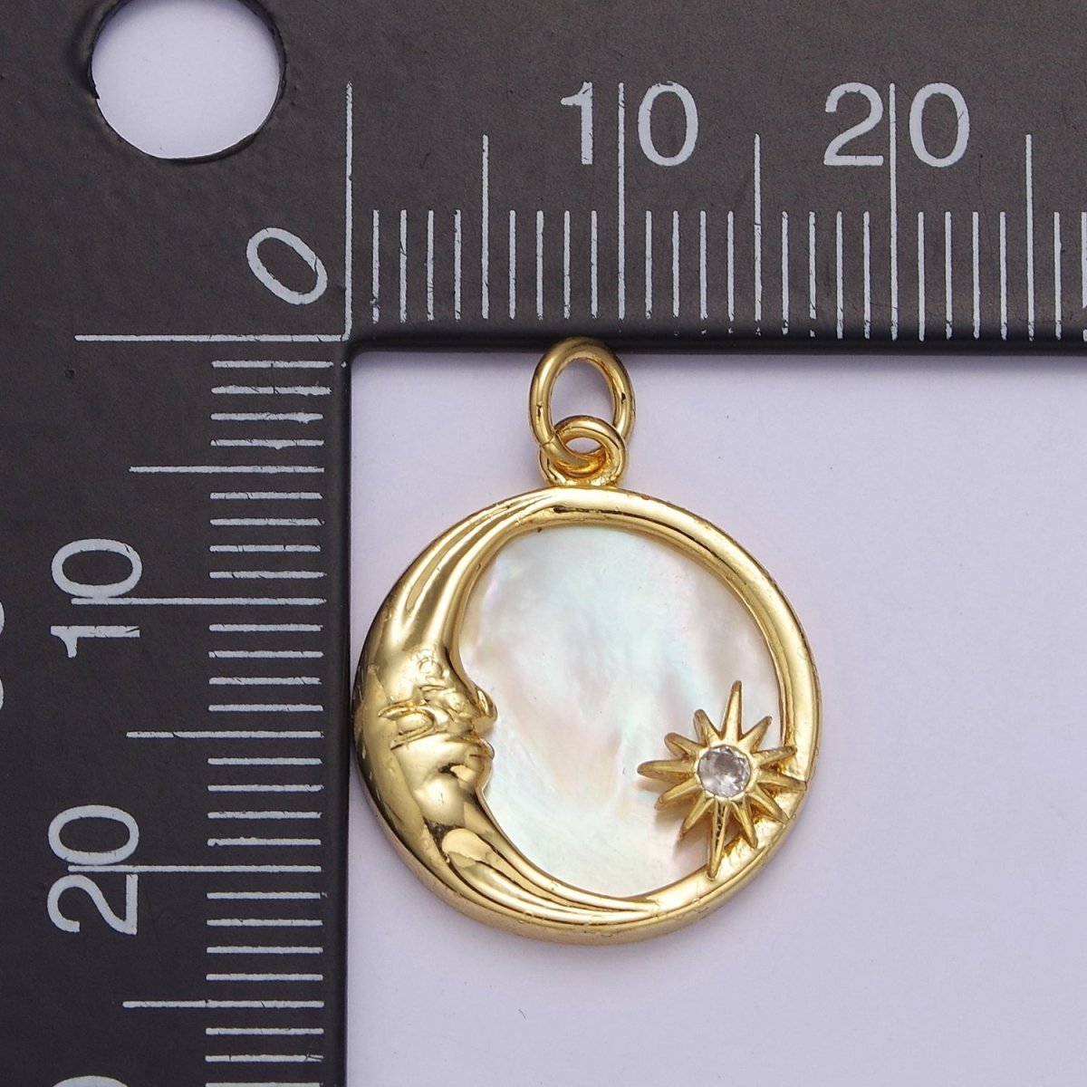 14K Gold Filled Celestial Crescent Moon Star Mother of Pearl Round Charm  E-656